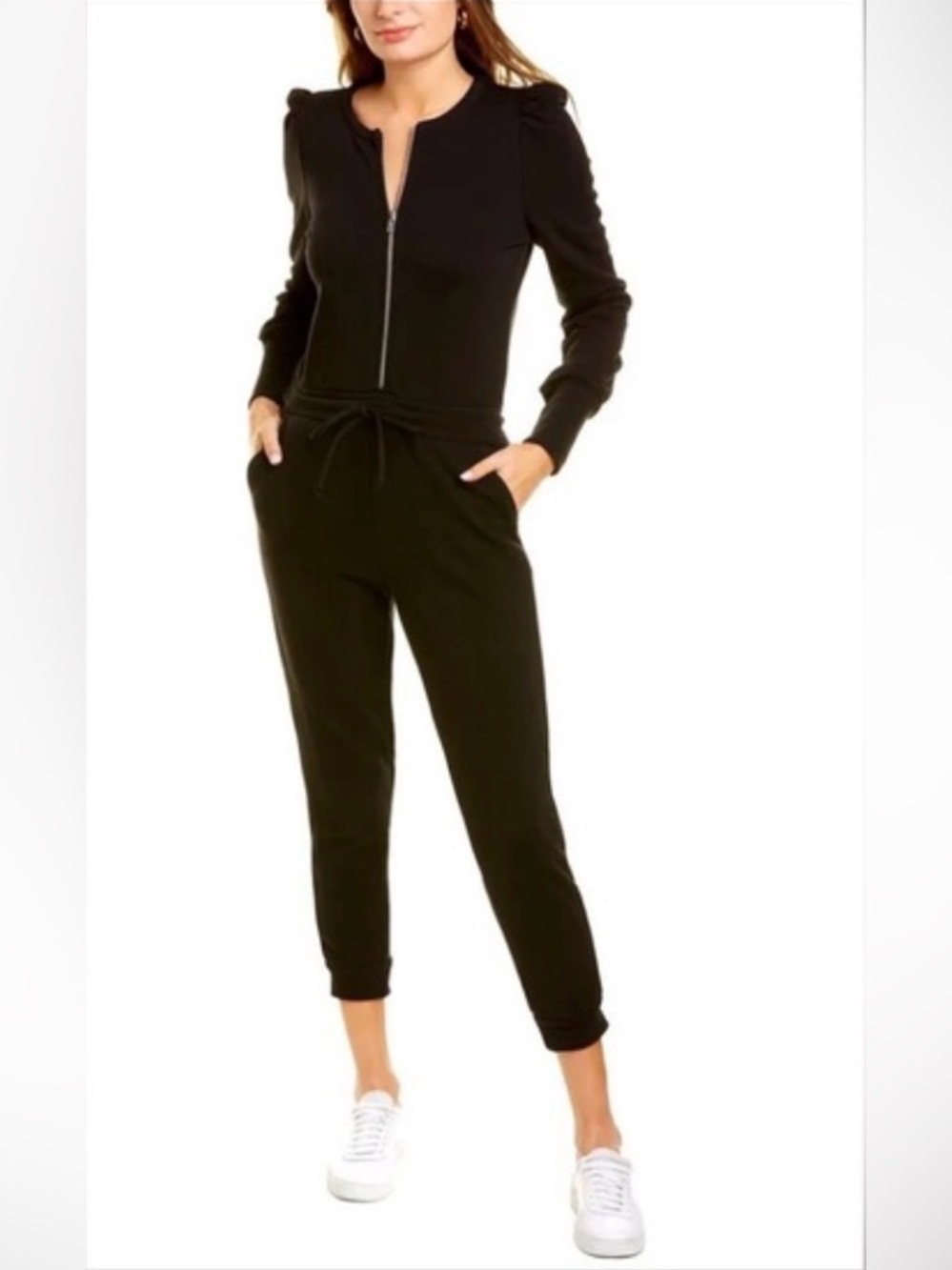 Chaser Black Zip-Front Long-Sleeve Cuffed Lounge Cotton Fall Winter Jumpsuit